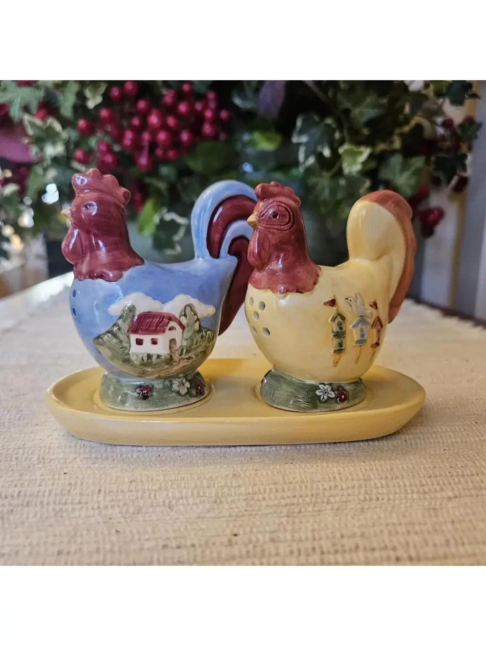 Russ Chicken And Rooster Salt and Pepper Shakers with Underplate Hand Painted